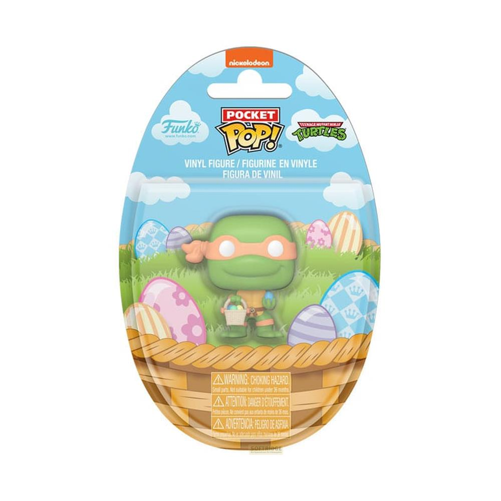 Michelangelo de las Tortugas Ninja Adolescentes Mutantes como figura de vinilo Pocket Pop en una cesta de Pascua.