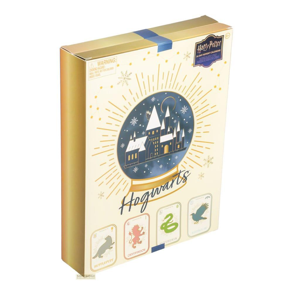 Calendario de adviento de Harry Potter Hogwarts con bola de nieve y emblemas.