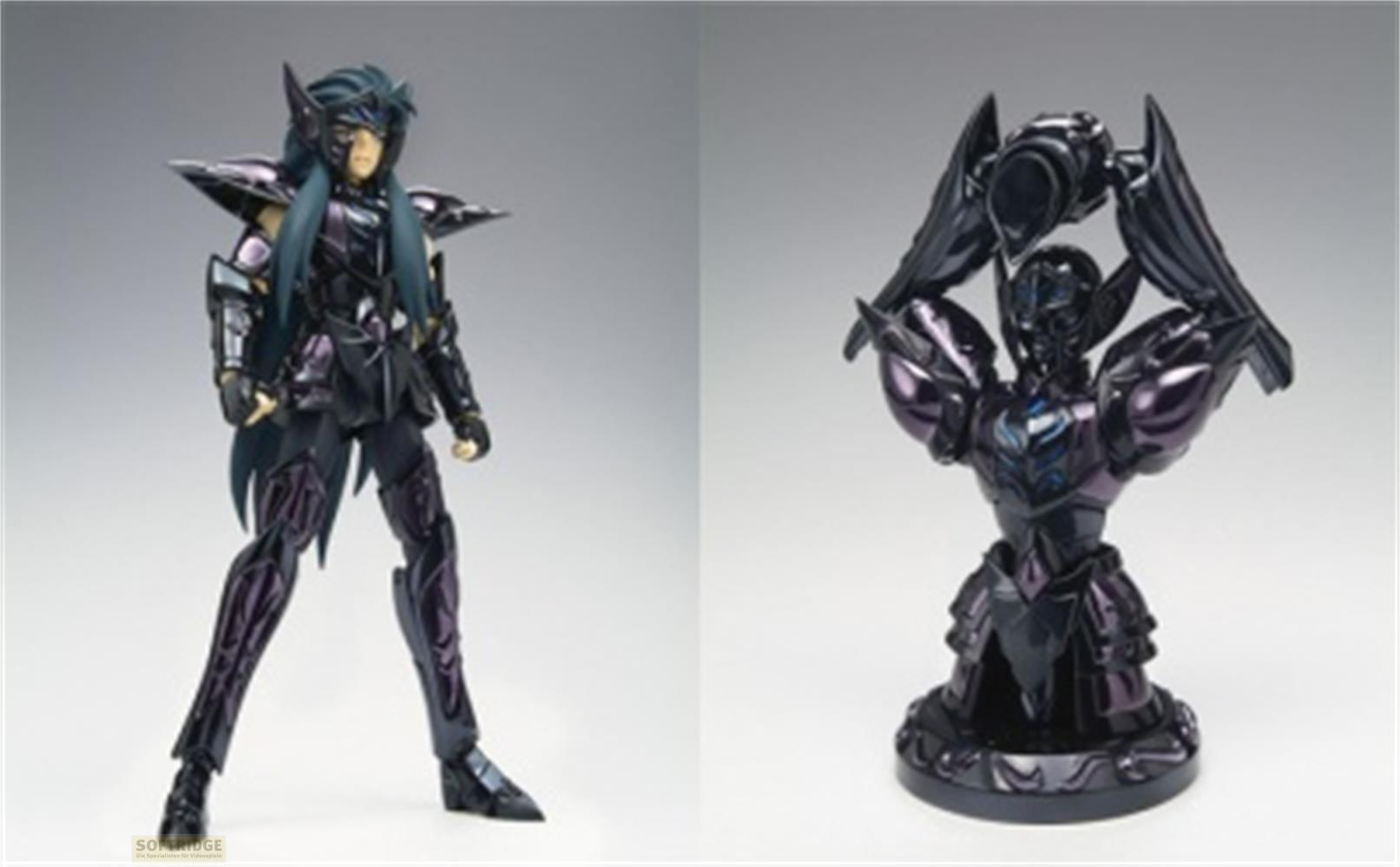 Due action figure in armatura scura, una in piedi, l'altra tiene una brocca.
