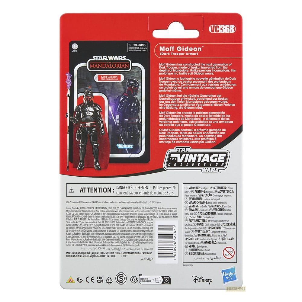 Figura de acción Star Wars Moff Gideon (Armadura Dark Trooper) con accesorios en embalaje.