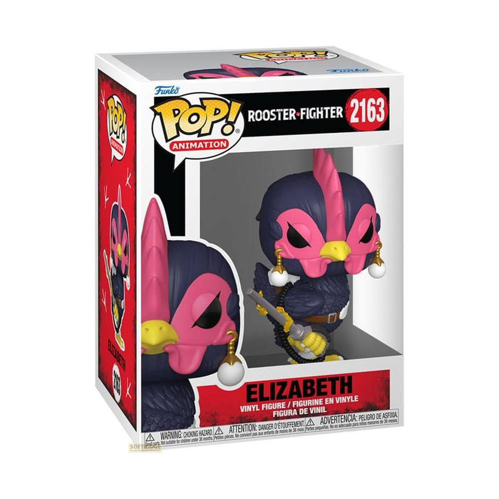 Eine Funko Pop!-Figur von Elizabeth im Hahnenkampf-Design mit Waffe.