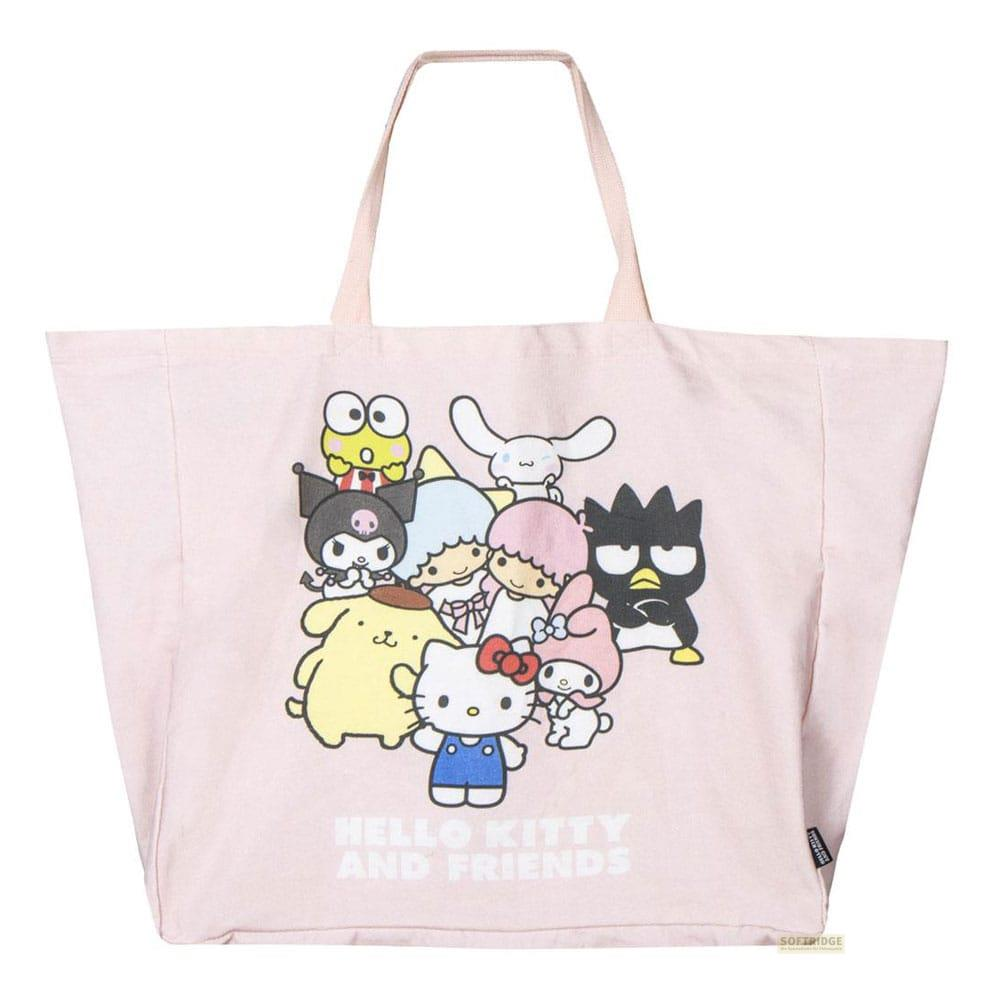 Ein rosa Stoffbeutel mit einer Gruppe von Sanrio-Figuren, darunter Hello Kitty.
