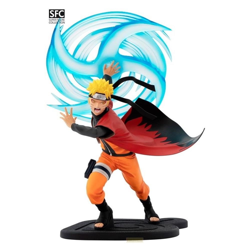 Naruto Figur in Aktion mit blauem Wirbelwind-Angriff, trägt orangefarbene Kleidung und roten Umhang.