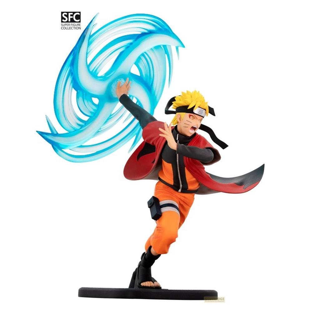 Naruto Figur mit blauen Energiewirbeln, orangefarbener Kleidung und rotem Umhang.