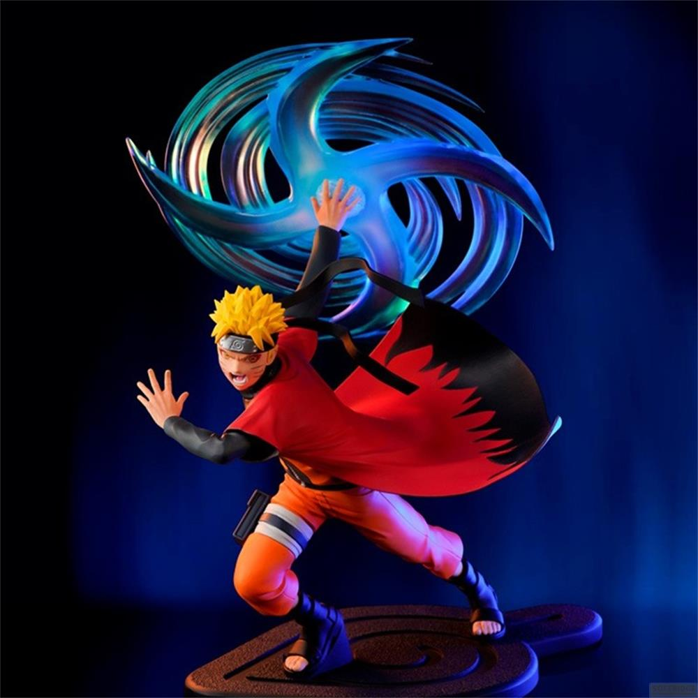 Naruto-Figur mit Jutsu-Wirbel. Roter Umhang, orangefarbene Kleidung, gelbe Haare.