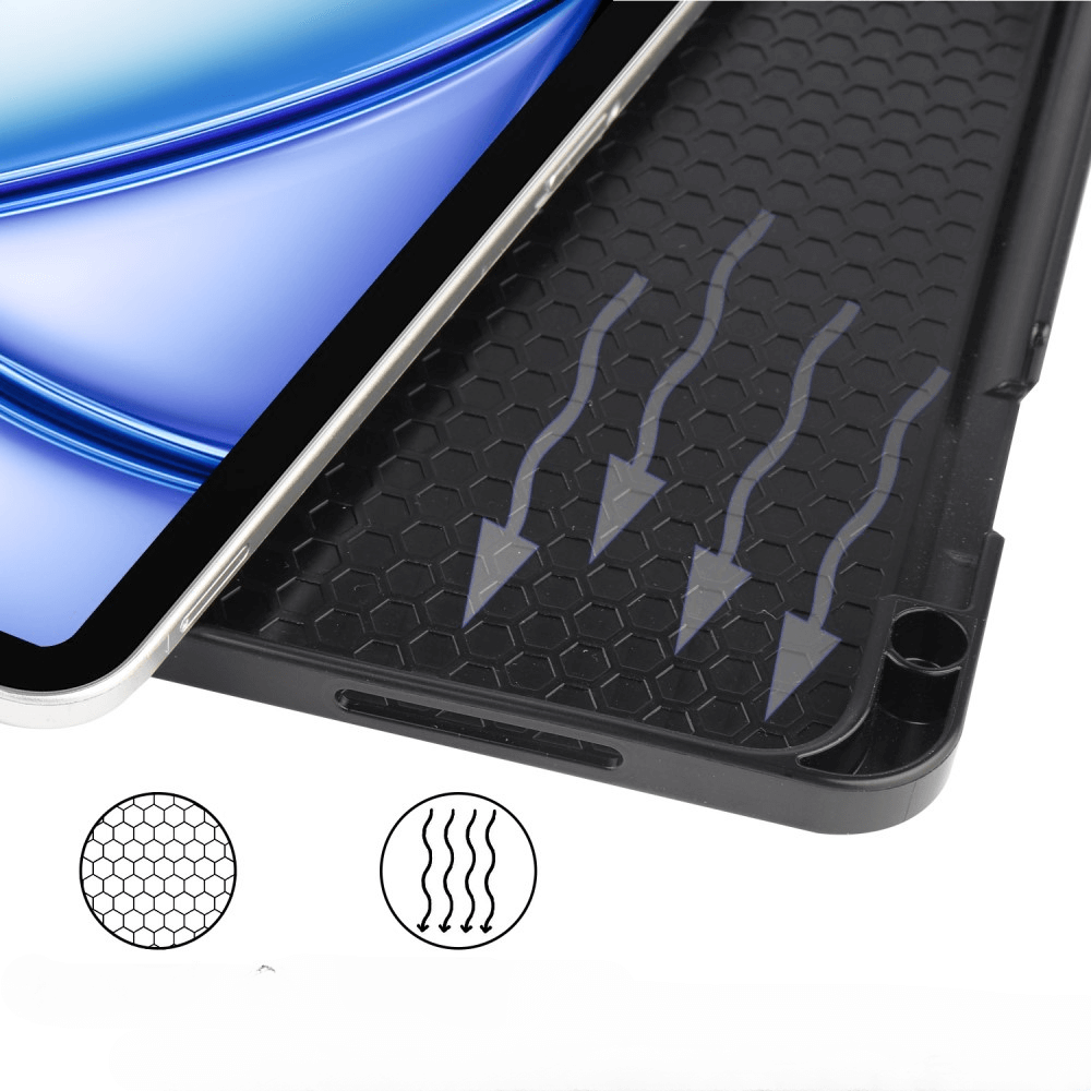 Coque de téléphone noire à motif nid d'abeille et flèches de ventilation.