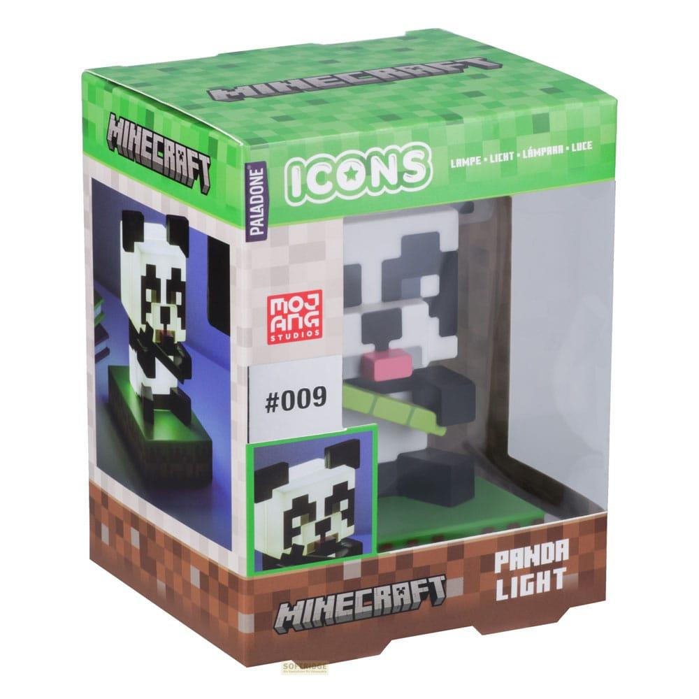 Lampka Panda Minecraft w pudełku. Pikselowy panda z bambusem. Zielono-białe opakowanie.