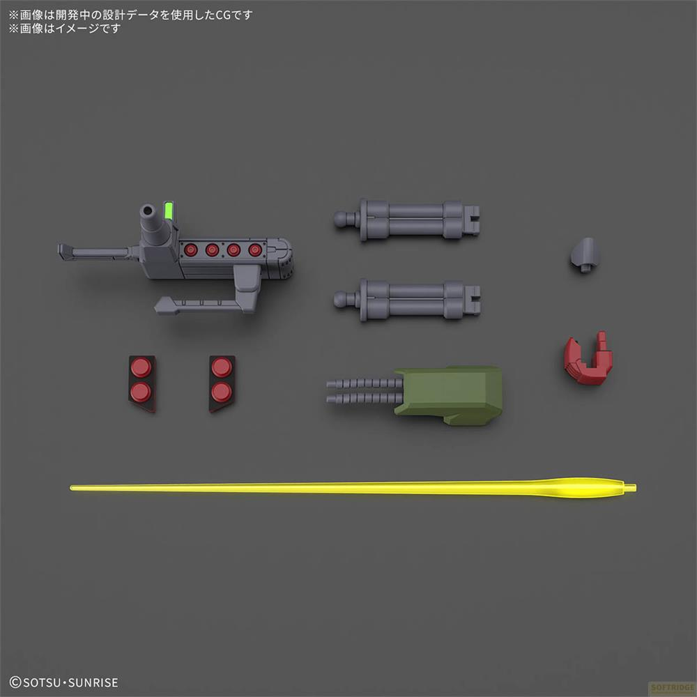 Pièces de modèle grises et vertes, dont un pistolet, deux canons, deux pièces rouges et une poutre jaune.