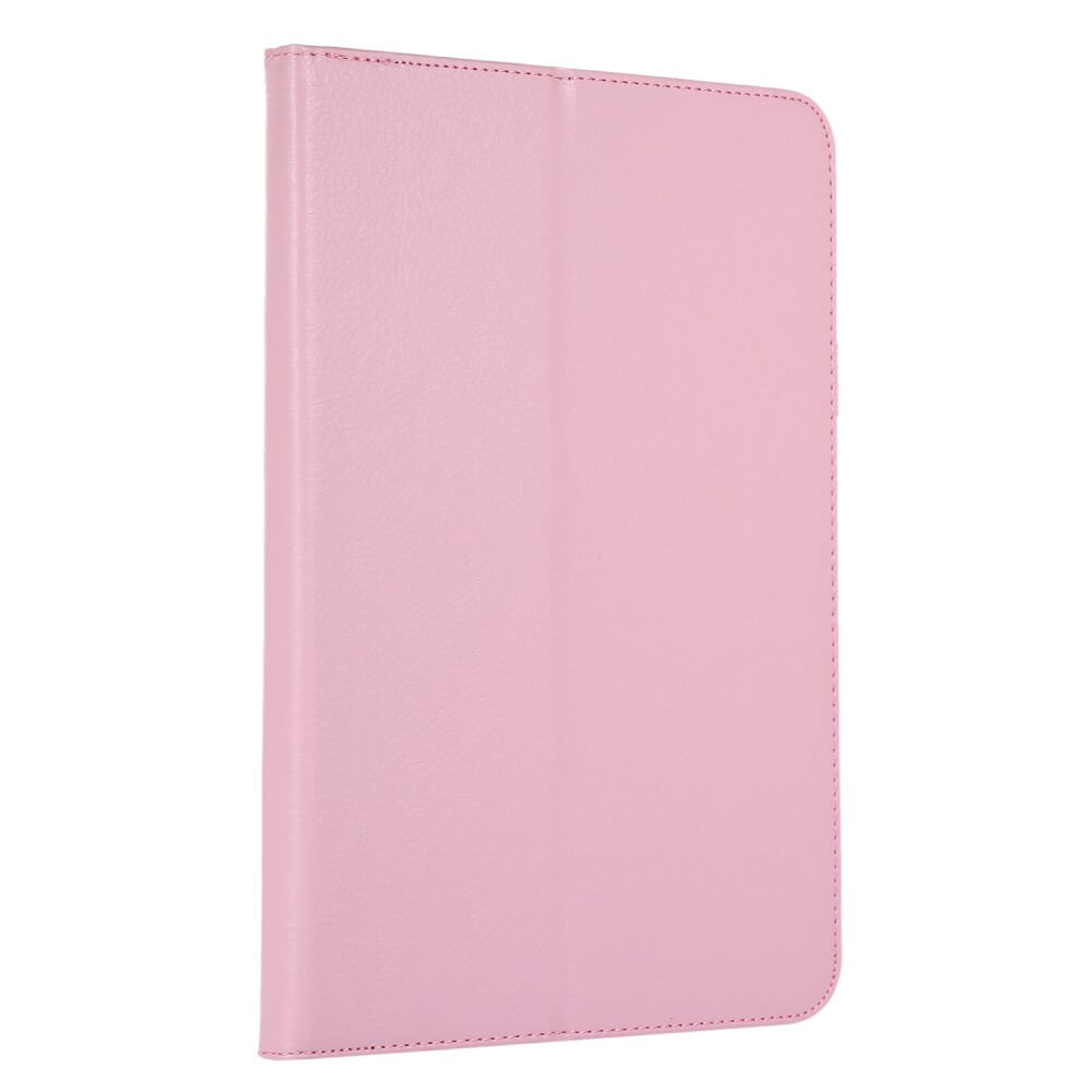 Una custodia rosa chiaro per tablet giace su uno sfondo bianco.