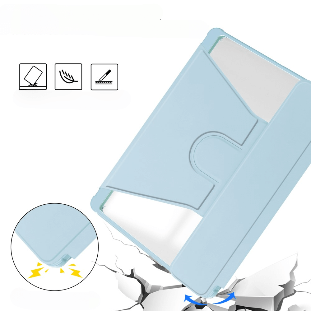 Étui de protection bleu clair avec icônes de résistance aux chutes, rayures et légèreté.
