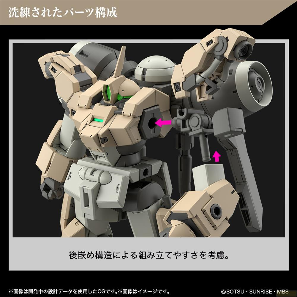 Un robot beige et gris avec des accents verts et des flèches indiquant l'assemblage.