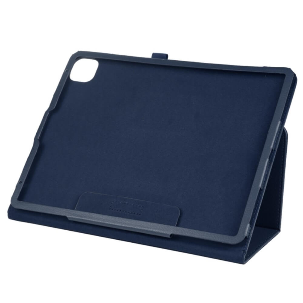 Dunkelblauer Tablet-Ständer mit Halterahmen. Auf weißem Hintergrund.