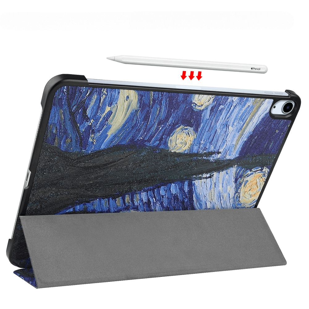 Ein Tablet-Case mit Sternennacht-Design, mit einem Stift und roten Pfeilen.