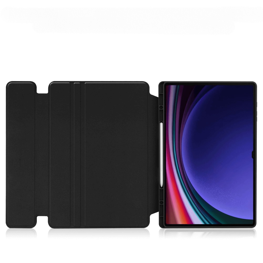 Schwarze Tablet-Hülle mit Stifthalter neben einem Tablet mit buntem Hintergrundbild.