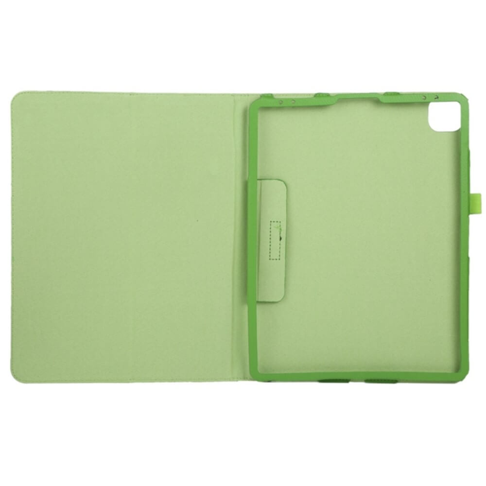 Grünes Tablet Cover geöffnet, Vorderseite links, Innenleben rechts.