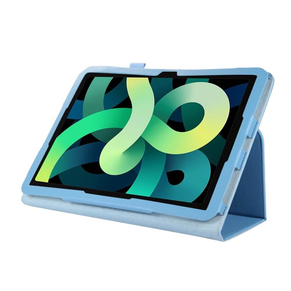 Une tablette bleu clair avec un graphique de fond coloré repose sur un support.