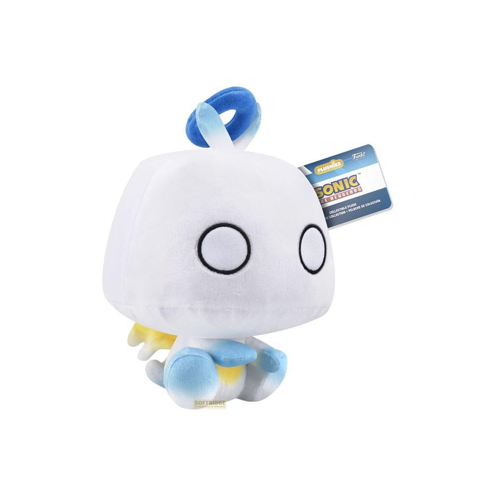 Peluche blanco de Chao con acentos azules y amarillos, sentado sobre fondo blanco.