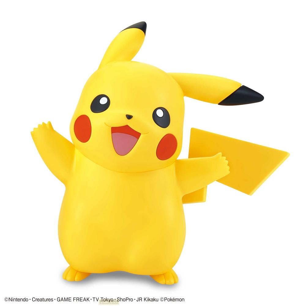 Une figurine jaune de Pikachu, joues rouges, bras levés, sur fond blanc.