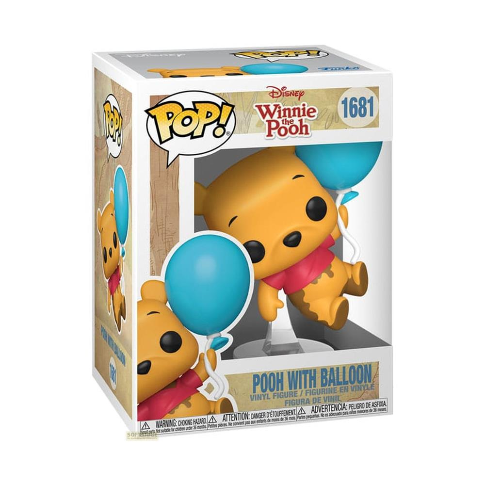 Figura de vinilo Funko Pop! Winnie the Pooh con dos globos azules. Figura naranja con camisa roja.
