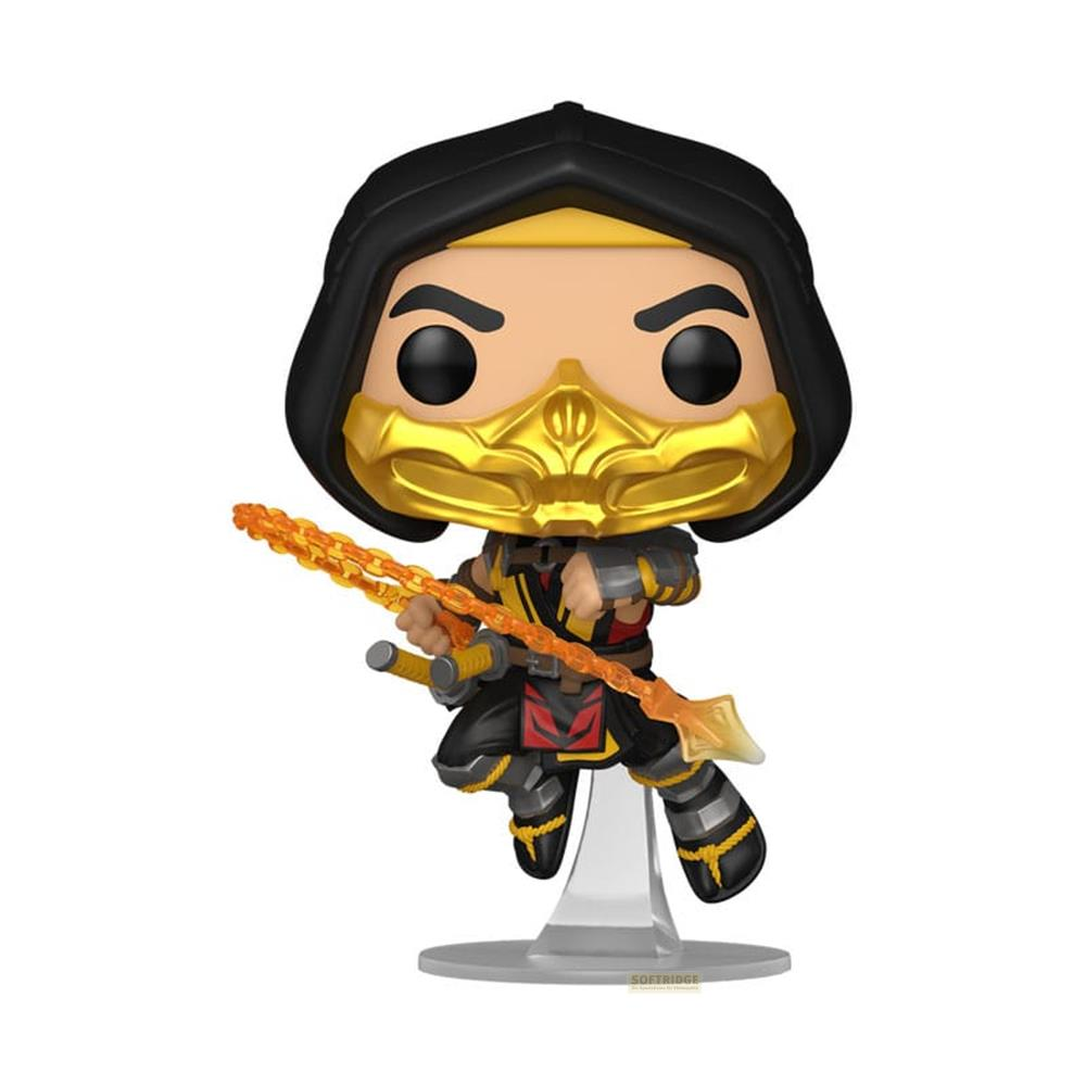 Scorpion Funko Pop Figur mit schwarzer Kapuze, goldener Maske und Feuerlanzen.