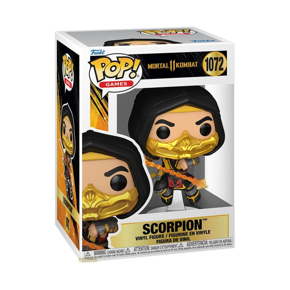 Funko Pop Scorpion Figur aus Mortal Kombat 11, mit gelber Maske und Kapuze.