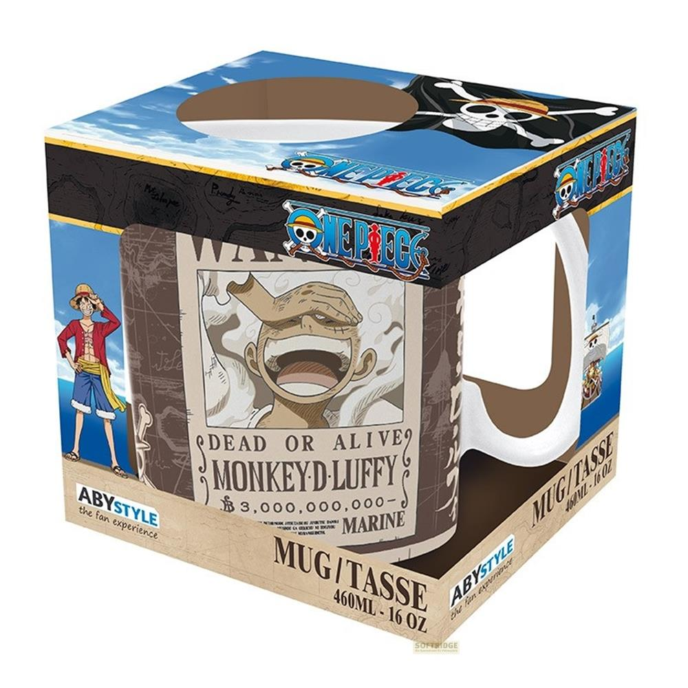 One Piece Tasse mit Monkey D. Luffy's Steckbrief und Strohhut-Piratenflagge.