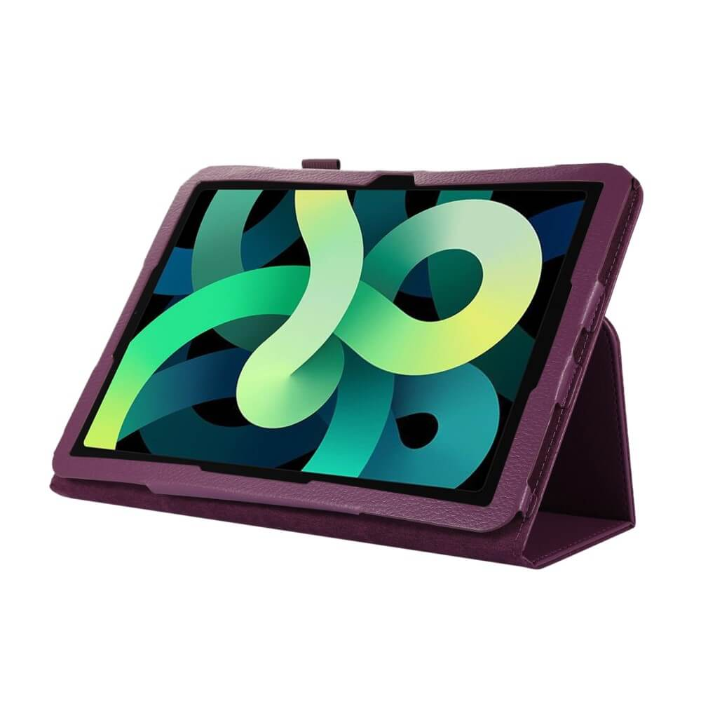 Ein violettes Tablet in einer Schutzhülle mit einem bunten Hintergrundbild.