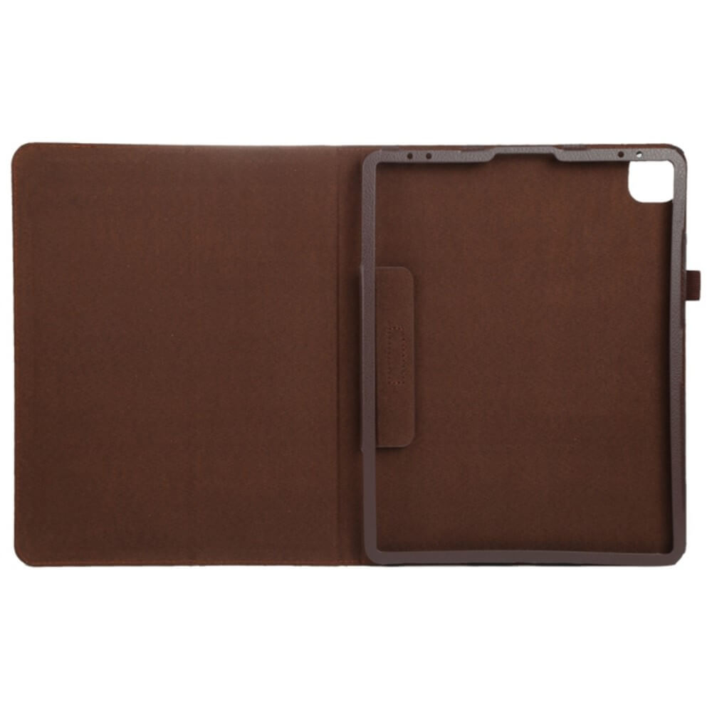 Étui pour tablette marron ouvert, montrant le cadre intérieur et le porte-stylo.
