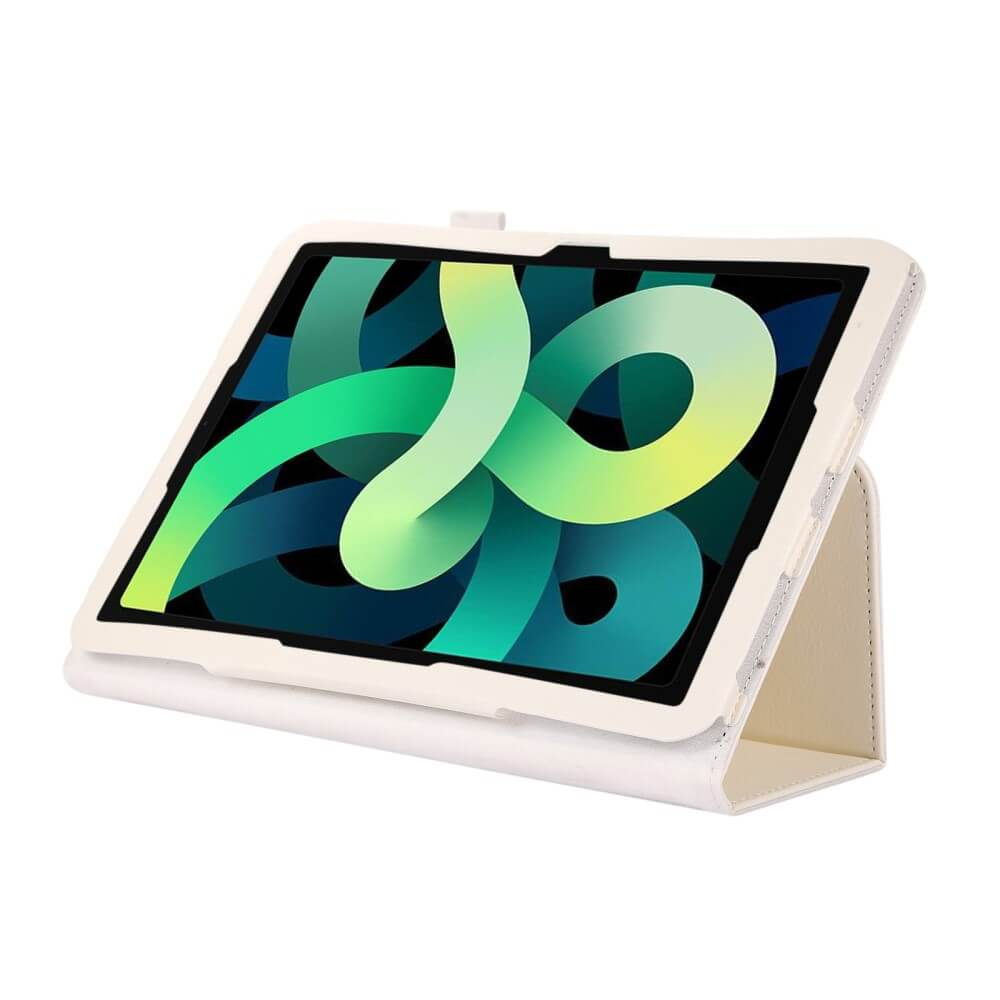 Ein weißes Tablet mit einer bunten Hintergrundgrafik in einer Hülle.