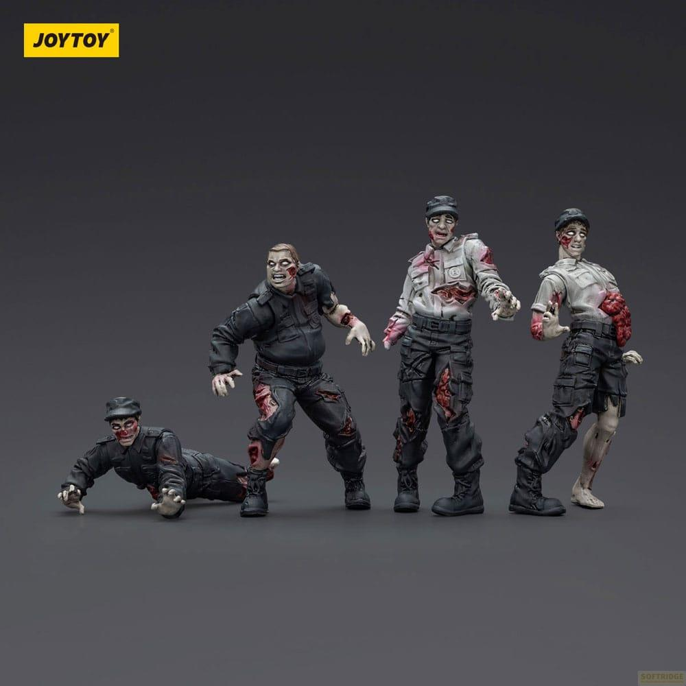 Quattro figure di zombie in abiti strappati su sfondo grigio.