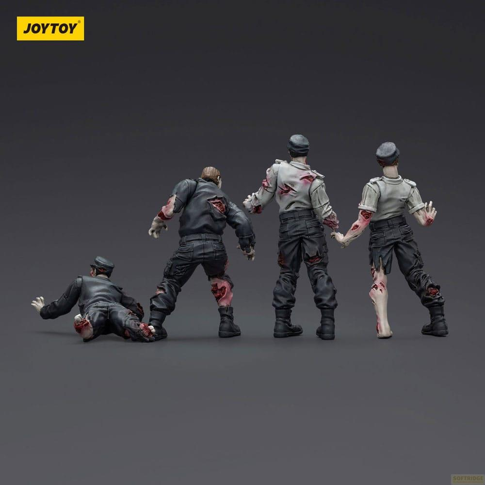 Quattro figure di zombie con abiti strappati, una a terra.
