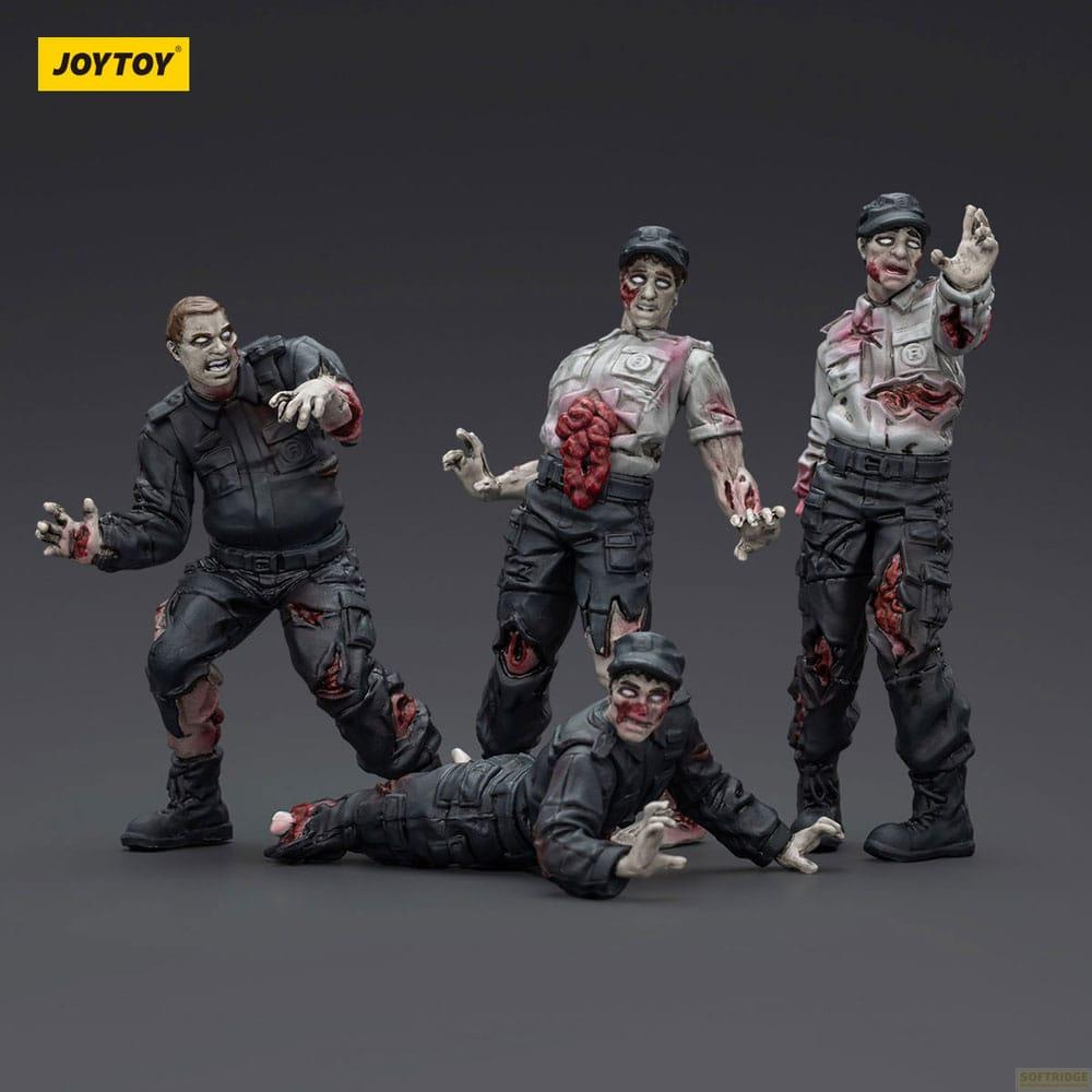 Quattro figure di zombie in abiti scuri con parti del corpo strappate.