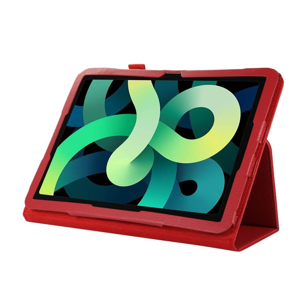 Une tablette rouge dans un étui avec support affichant un fond abstrait.