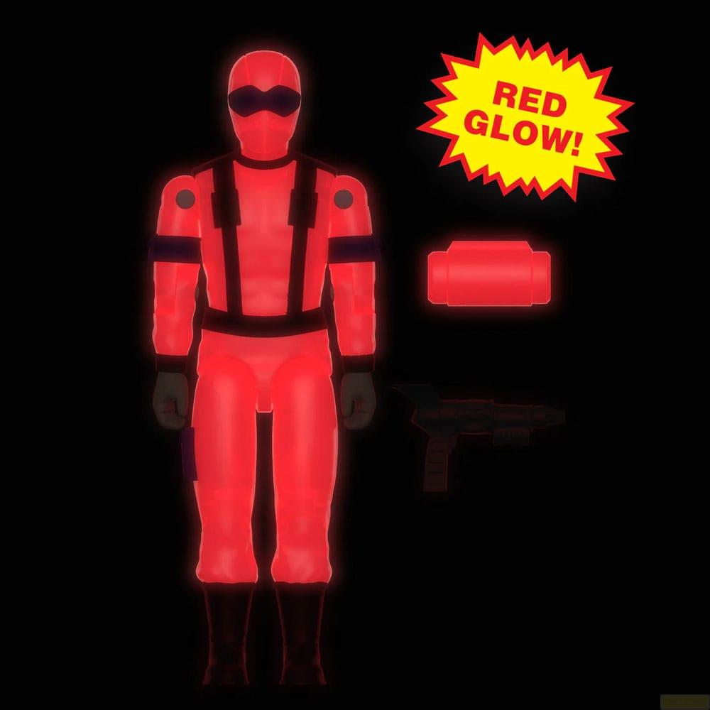 Una figura roja con casco, gafas y cinturón negro, junto a un tubo rojo y un arma.
