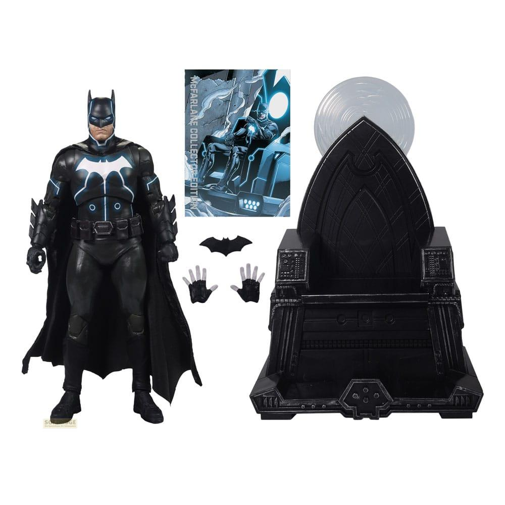 Action figure di Batman con trono, fumetto e accessori su sfondo bianco.