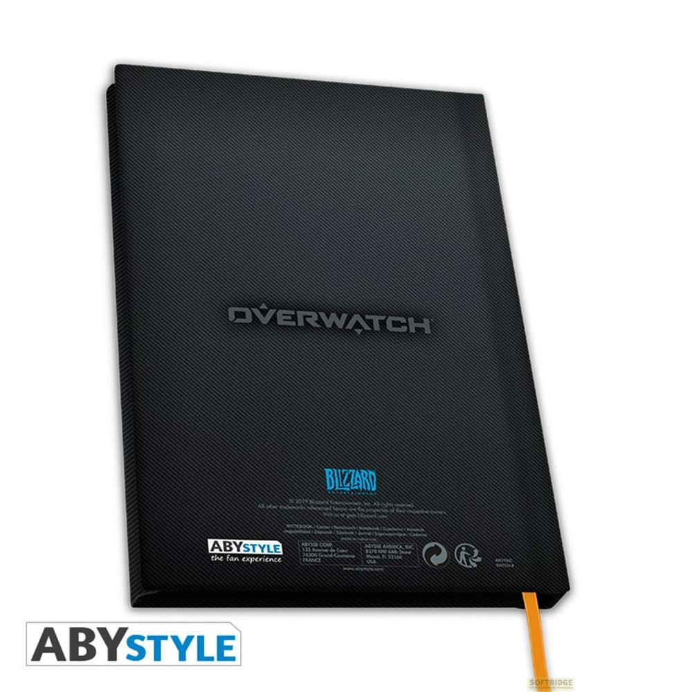 Schwarzes Notizbuch mit Overwatch-Logo und Blizzard-Schriftzug.