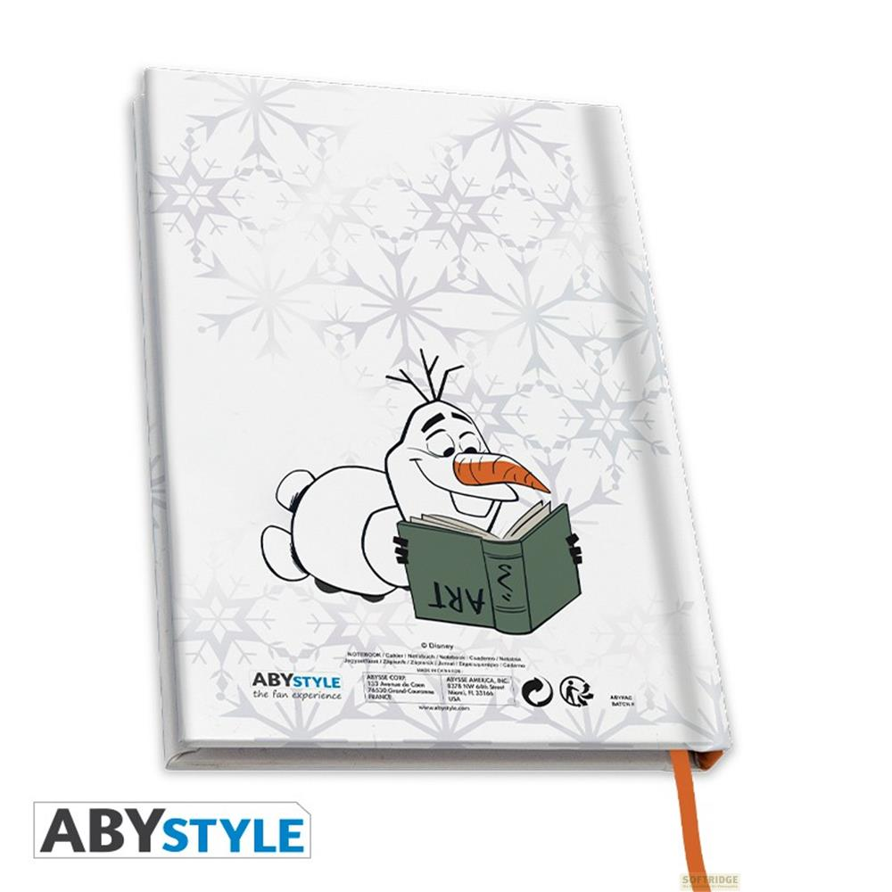 Olaf liest ein Buch mit der Aufschrift 'ART'. Schneeflocken zieren den Hintergrund.