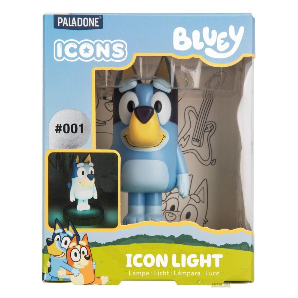 Opakowanie z figurką Bluey i nadrukami: Niebieska zabawka w pudełku.