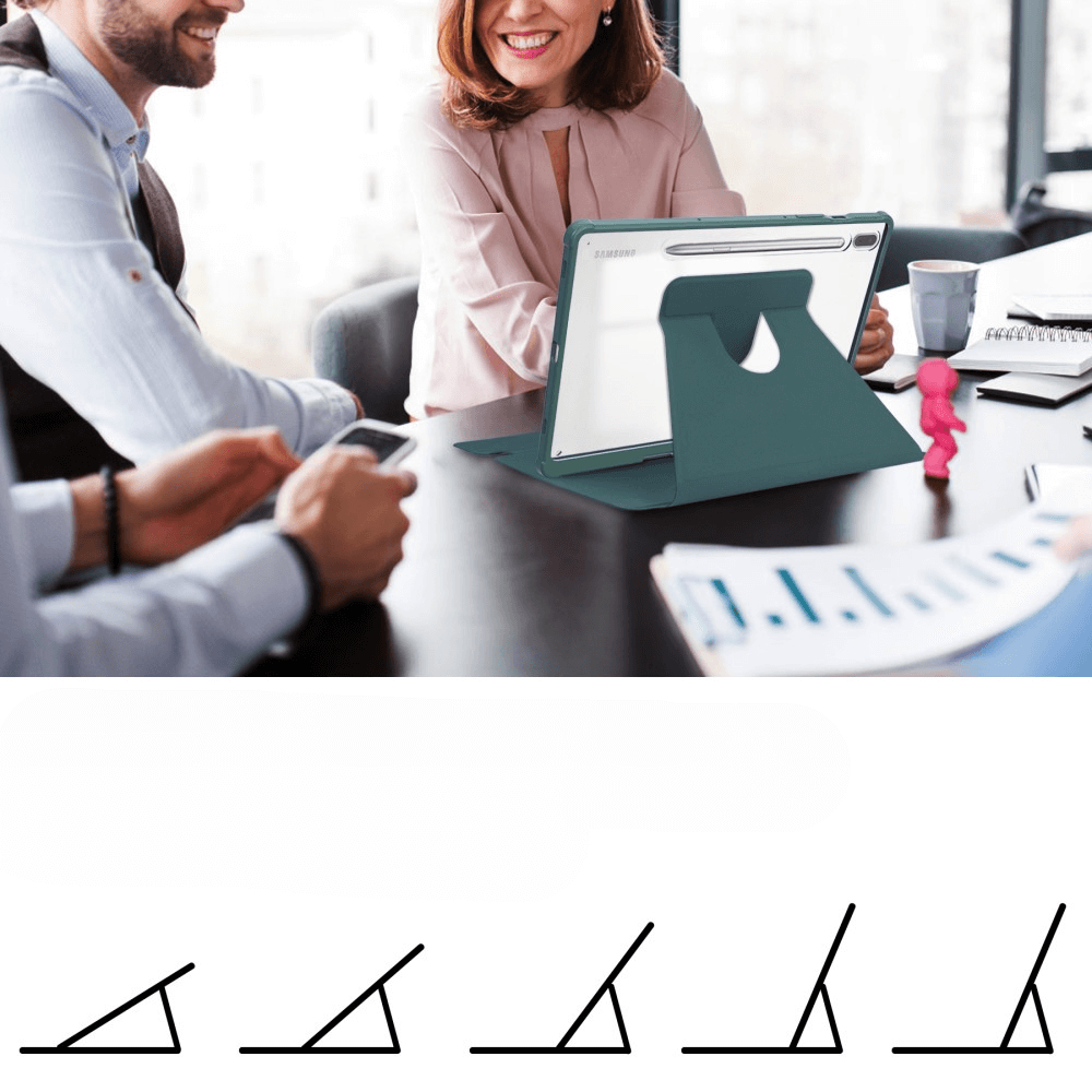 Menschen im Büro besprechen ein Tablet mit Ständer und Stift auf einem Schreibtisch.