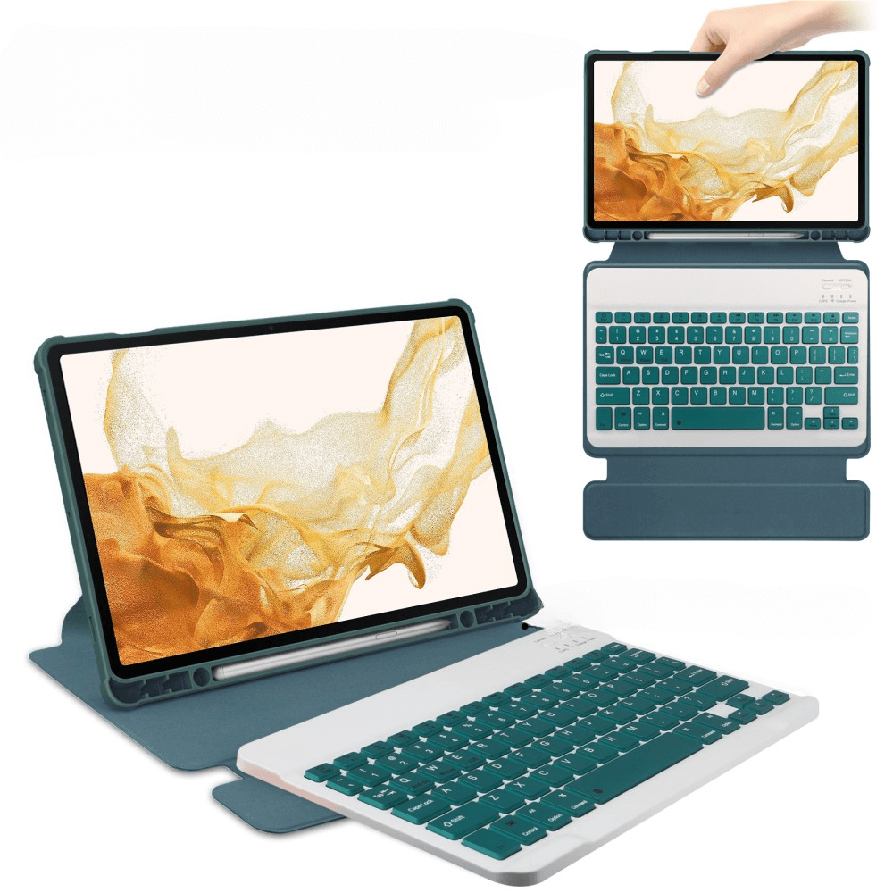 Ein Tablet mit grüner Hülle und Tastatur wird gezeigt. Oben ein kleineres Tablet.