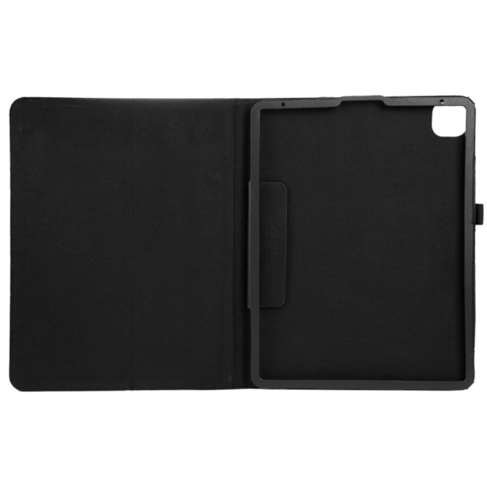 Schwarzes Tablet-Case, offen, mit Fach für ein Gerät und Karten.