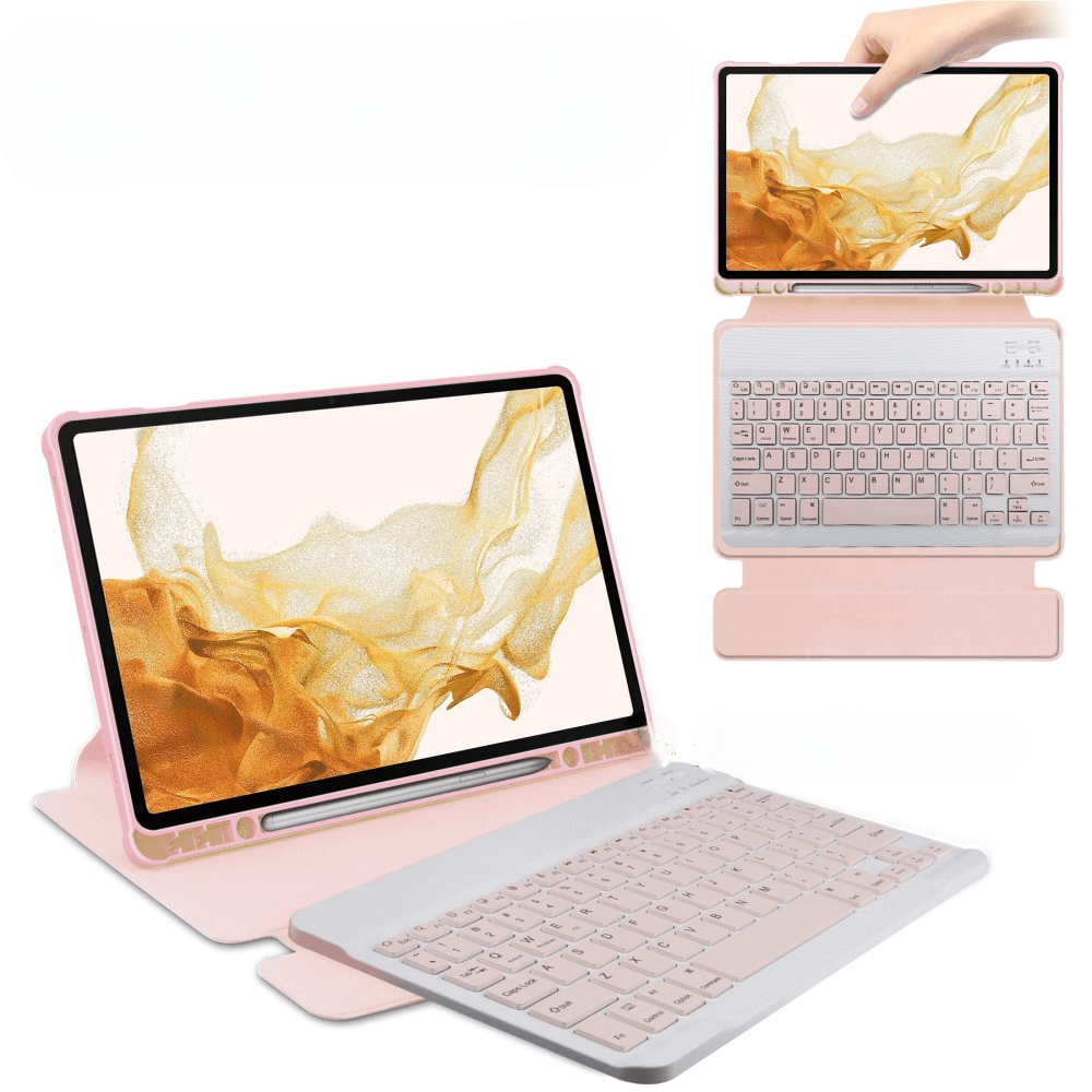 Une tablette rose avec clavier et stylet, affichant un tourbillon doré.