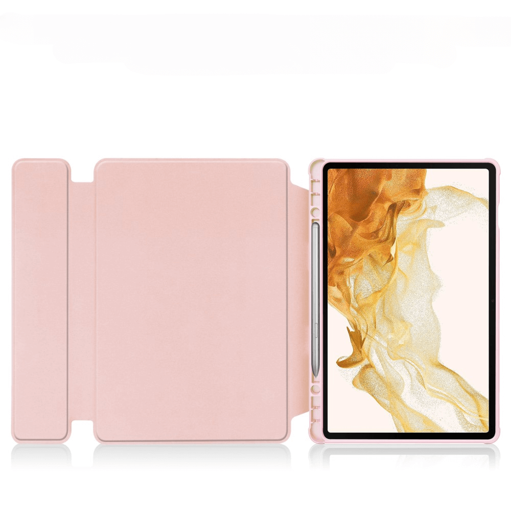 Un étui rose pour tablette avec un stylet à côté d'une tablette affichant une image abstraite.