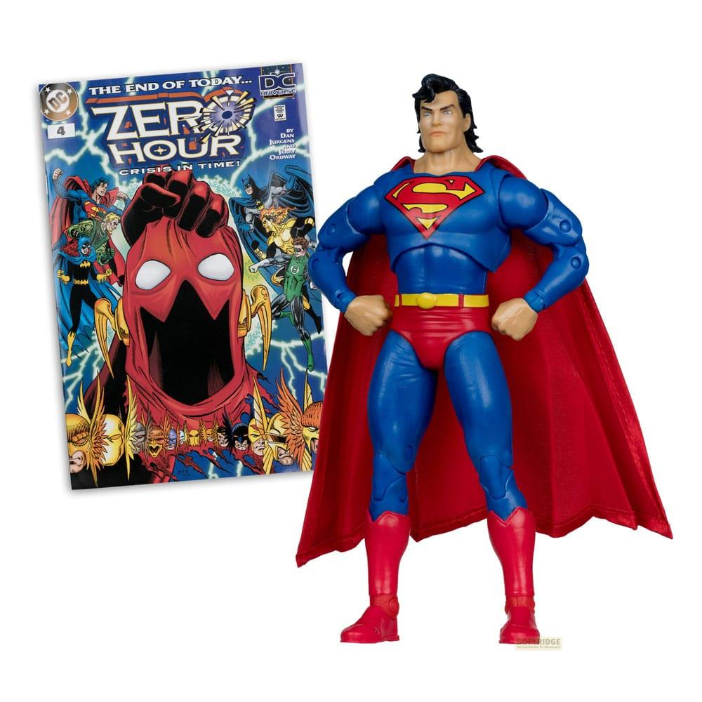 Una figura de acción de Superman se encuentra junto a un cómic Zero Hour sobre fondo blanco.