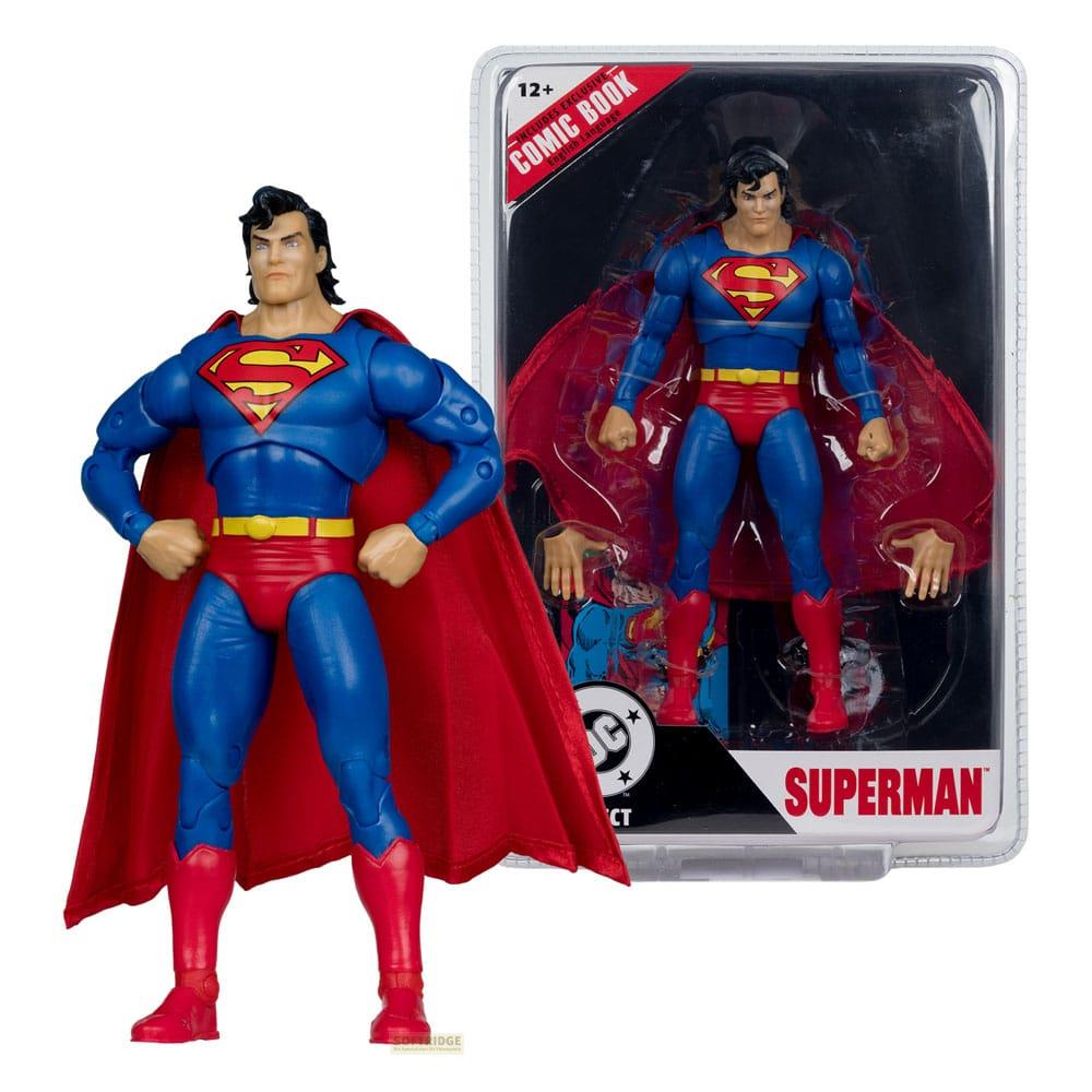 Figura de acción de Superman en empaque de cómic con capa roja y escudo S.