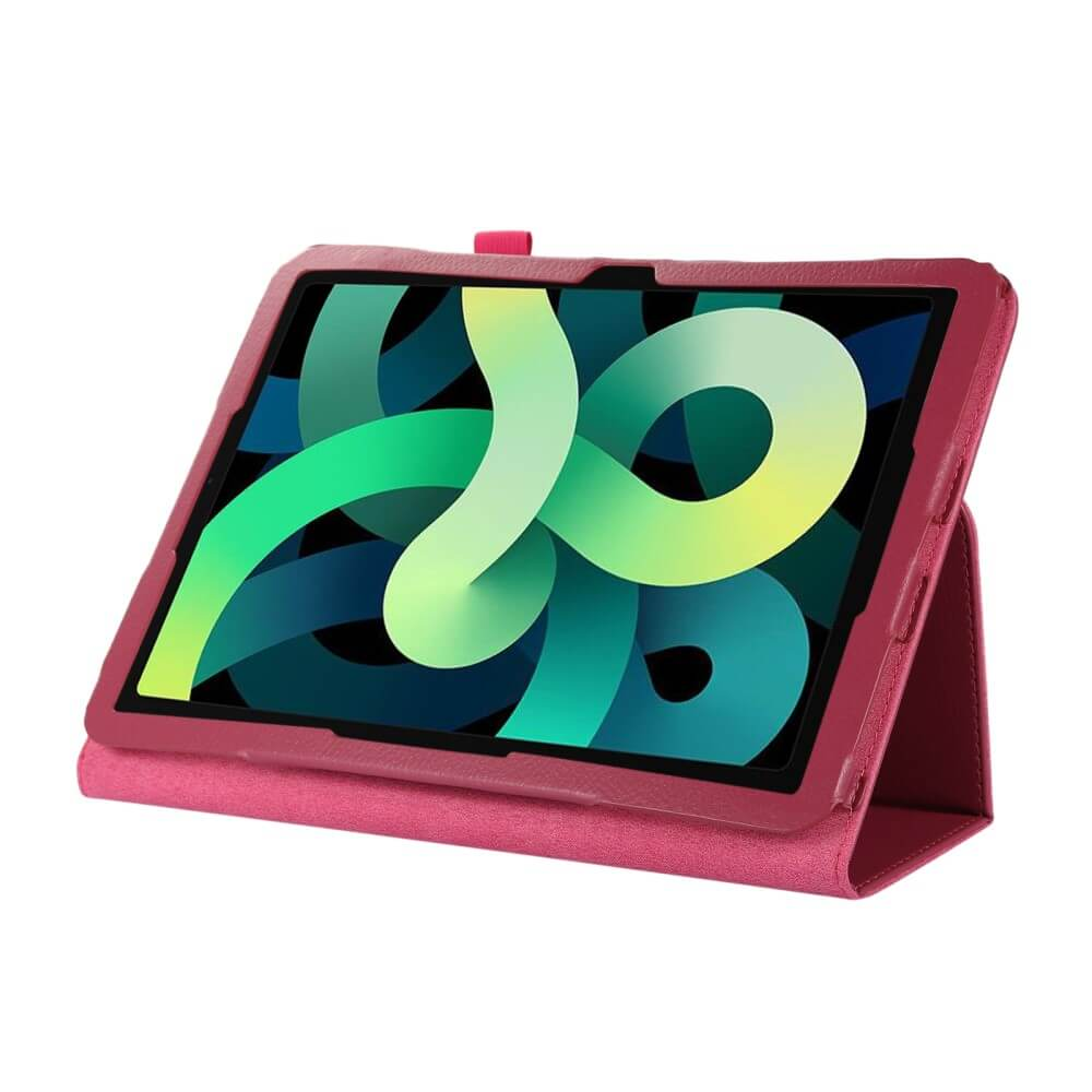Ein rosa Tablet mit Hülle, das aufrecht steht. Auf dem Bildschirm ist ein abstraktes Muster.