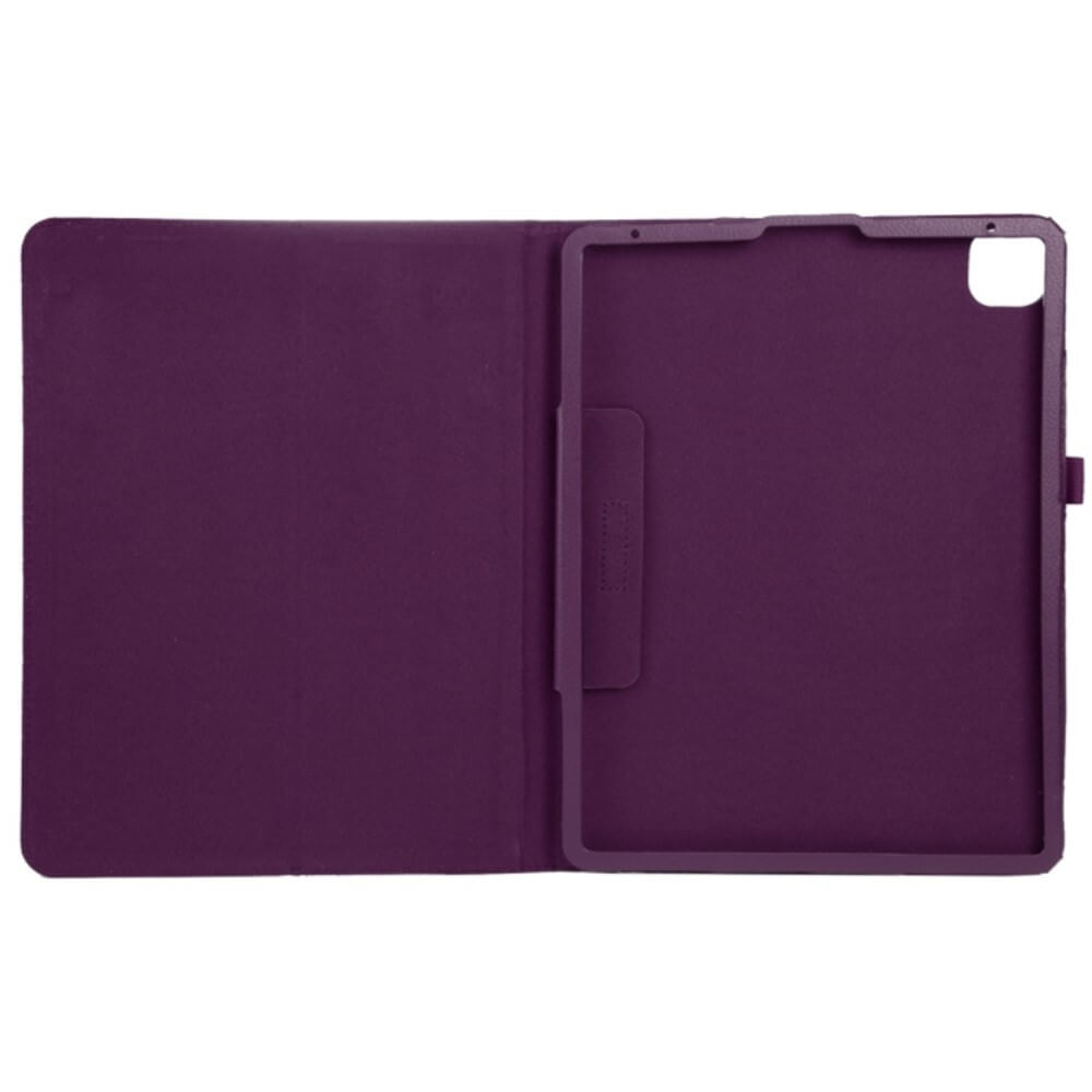 Étui violet pour tablette, ouvert, avec support pour tablette.
