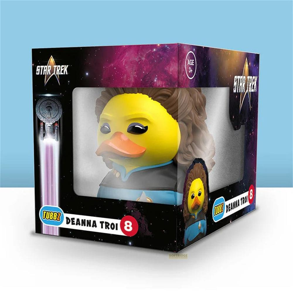Ein Star Trek Tubbz Deanna Troi Gummienten-Sammlerstück in Verpackung.
