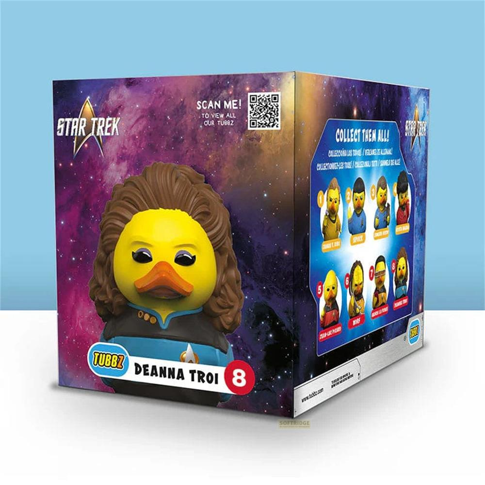 Ein Star Trek Tubbz Deanna Troi Gummiente-Sammlerstück auf einer Box.