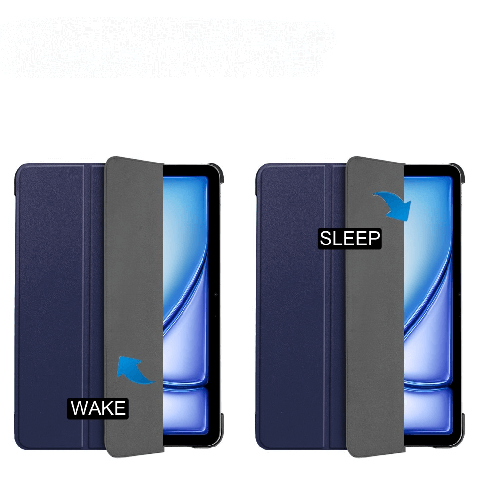 Deux étuis bleus pour tablette avec rabat ouvert, l'un 'Wake', l'autre 'Sleep'.